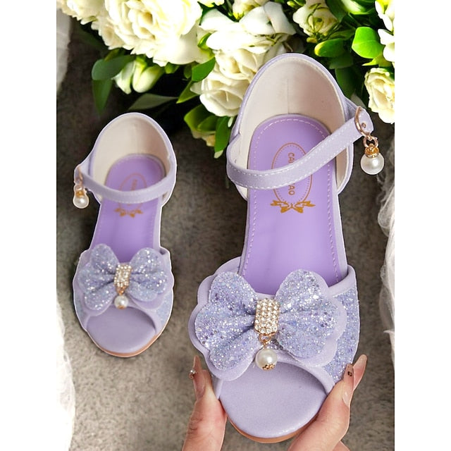 Girls' Pearl Accent Glitter with Purple Sandals Bow