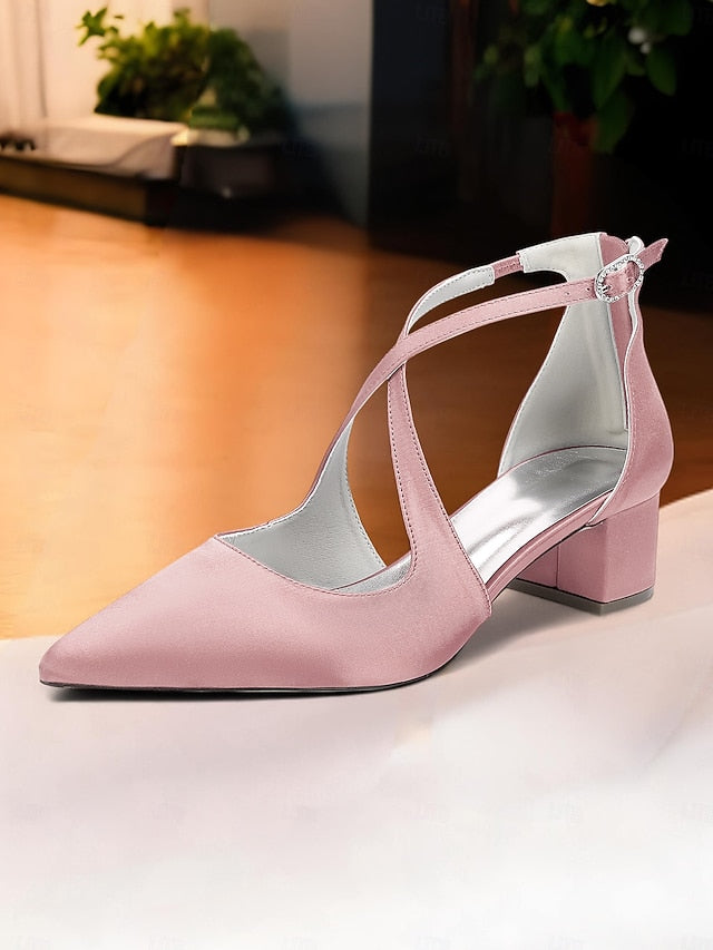 Elegant Heels Satin Toe Block Ivory Pointed Women's -