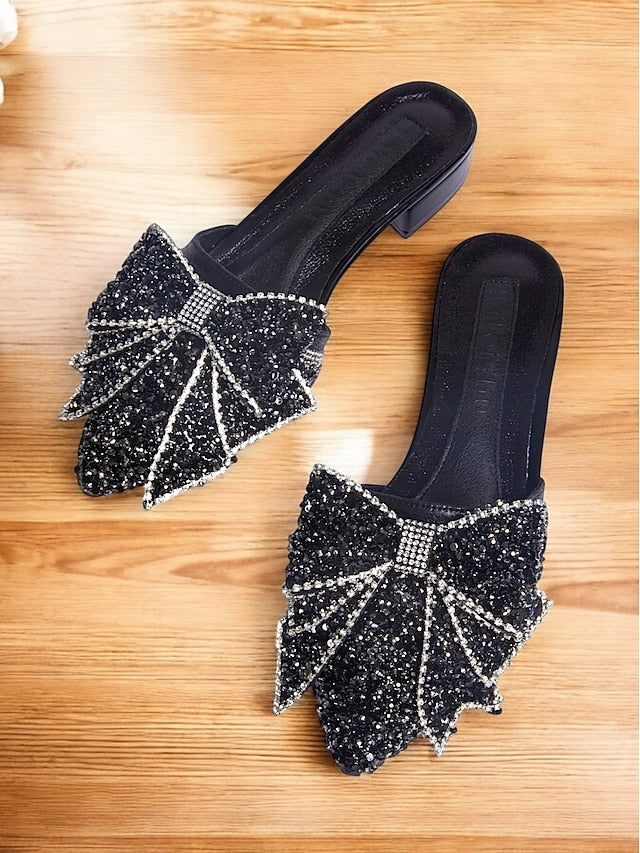 – Black Perfect Mules for Rhinestone-Bow Parties Flat and