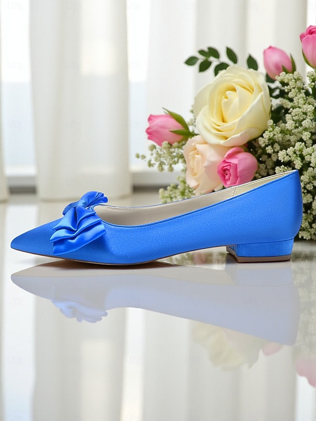 Green Bow Elegant Pointed Toe - Satin Flats Women's