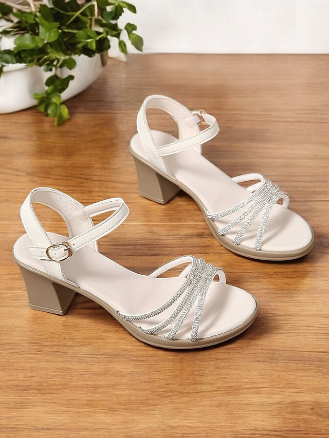 Strappy Sandals Heel Comfortable - Rhinestones Block Black with