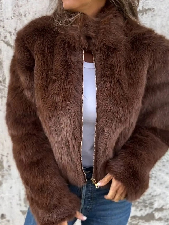 Fur Breathable Plain Women's Faux Warm Zipper Coat Casual