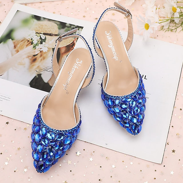 High Rhinestone Slingback Heels Pointed-Toe Women's Crystal
