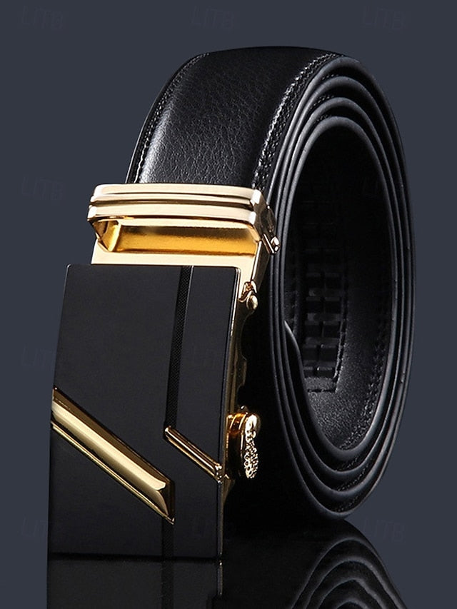 Men's Belt with Leather Adjustable Black Elegant Metal