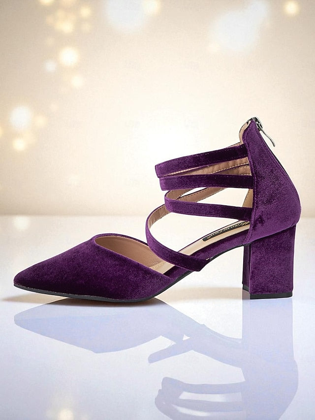 Velvet Block Pumps with Blue Heel Pointed Women's Toe