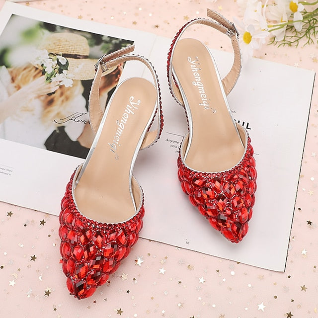 High Rhinestone Slingback Heels Pointed-Toe Women's Crystal