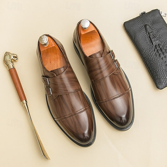 Shoes Strap Faux Men's –  Leather Double Monk Brown