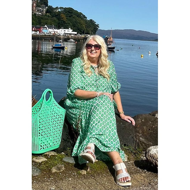 Women's Long Dress Boho Chic Dress Green 3/4 Length Sleeve