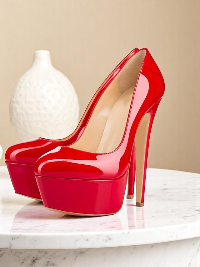 and Women's Patent Black Pointed-Toe Platform Heels with