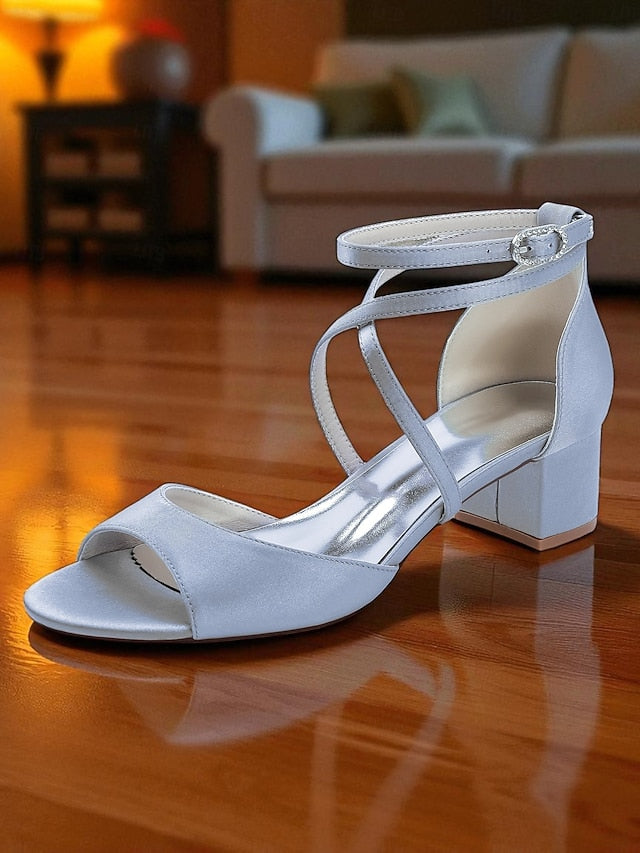 - Elegant Women's Satin Sandals Ankle Strap Heel Block with
