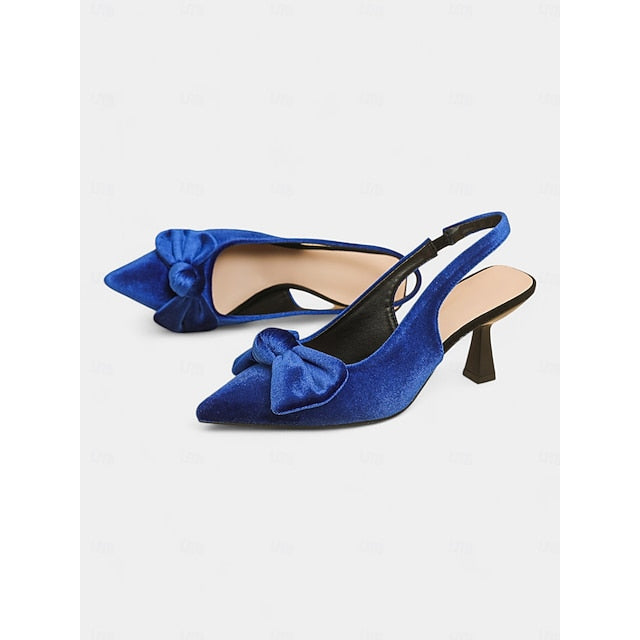 Toe with Pointed Velvet Slingback Heels Blue Women's Bow