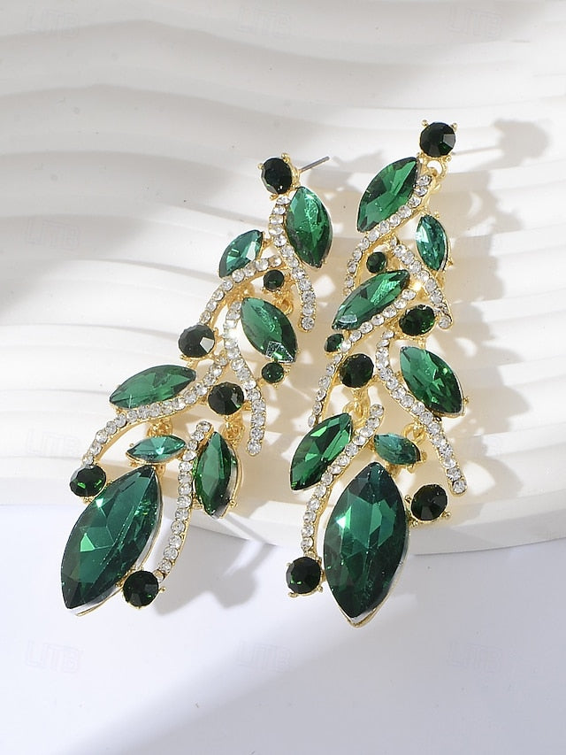Gold Crystal Earrings Leaf Design Elegant - Women's