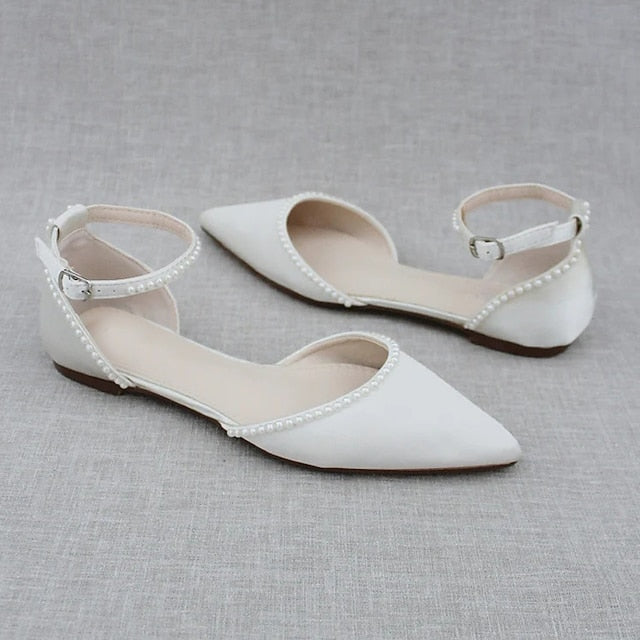 Toe Shoes Women's Pearl-Embellished Flat Pointed White with