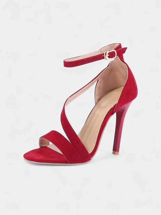 Strappy Red - Women's Stiletto High Suede Open-Toe Sandals