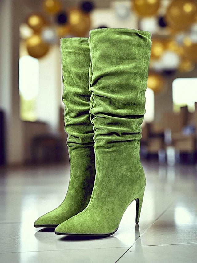 Women's Pointed Knee Toe Slouch High Velvet - Boots Green