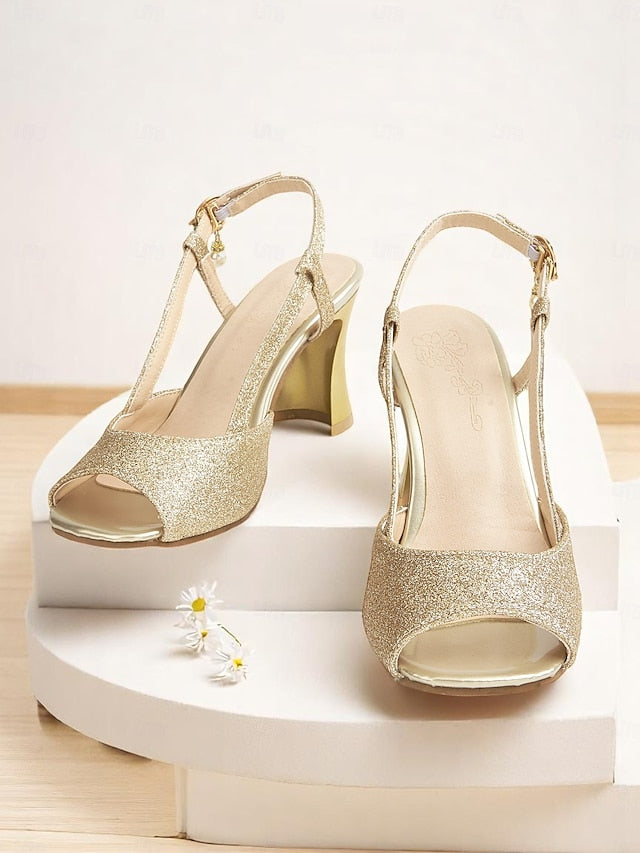 Glitter Slingback Sparkly Open-Toe Heels - Women's Gold