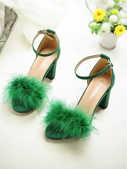 Women Sandals Heel for Wedding Feather-Embellished Block –