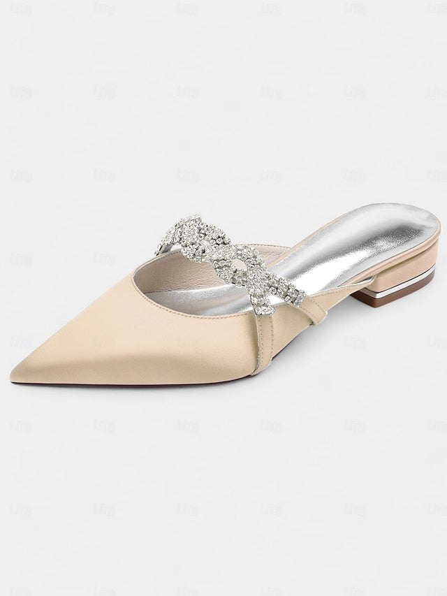 Heels Pointed-Toe Mule - Blue with Satin Detailing Rhinestone