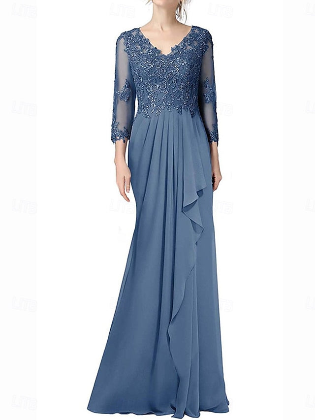 Neck Elegant A-Line Length Bride Floor the Mother of Dress V