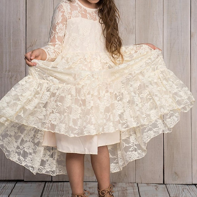 Flower Solid Girls' Long Kids Colored Girl Dress