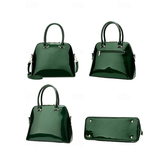 Women's Elegant Patent Shiny Tote Green Leather - Bag