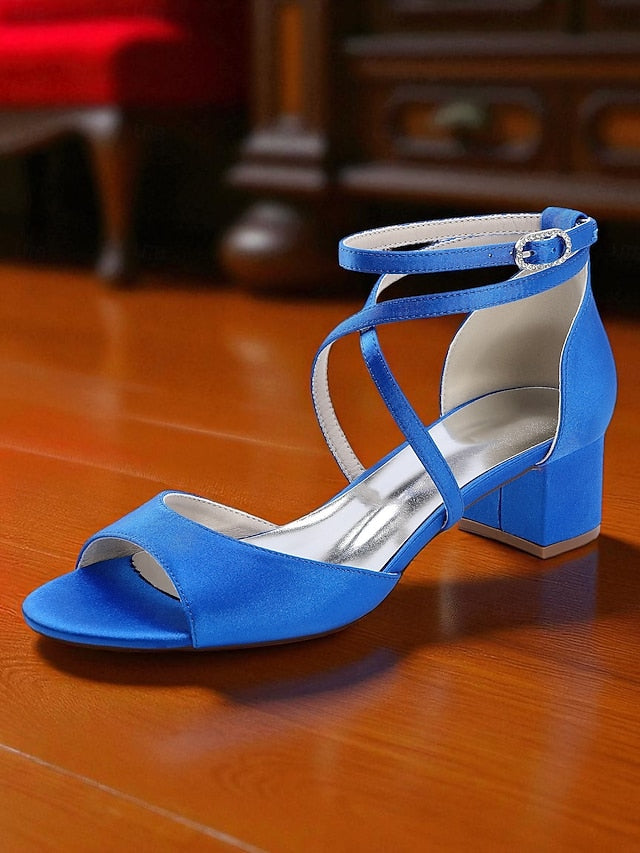 Ankle Strap Satin - with Block Heel Sandals Elegant Women's