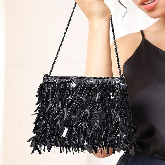Fringe Luxurious Crystal Black Sparkling with and Clutch Evening