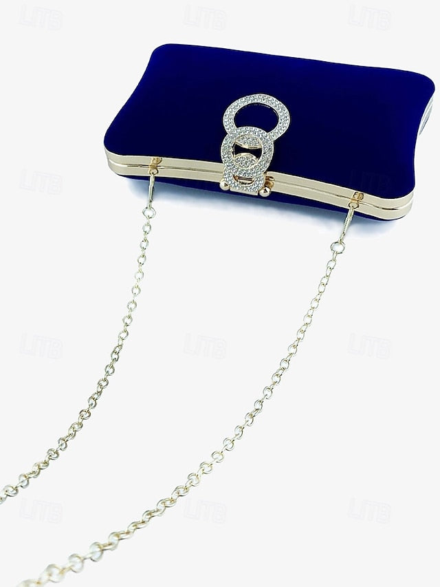 Blue Velvet Women's Clutch with Rhinestone Ring Elegant Bag