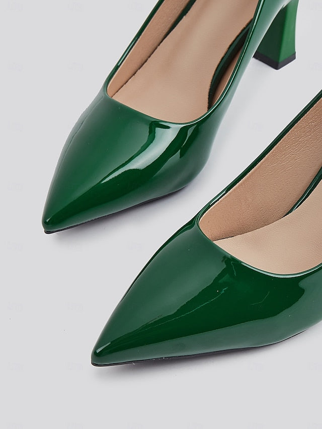 Faux Green Heel Leather Pointed-Toe Patent Block Glossy Pumps