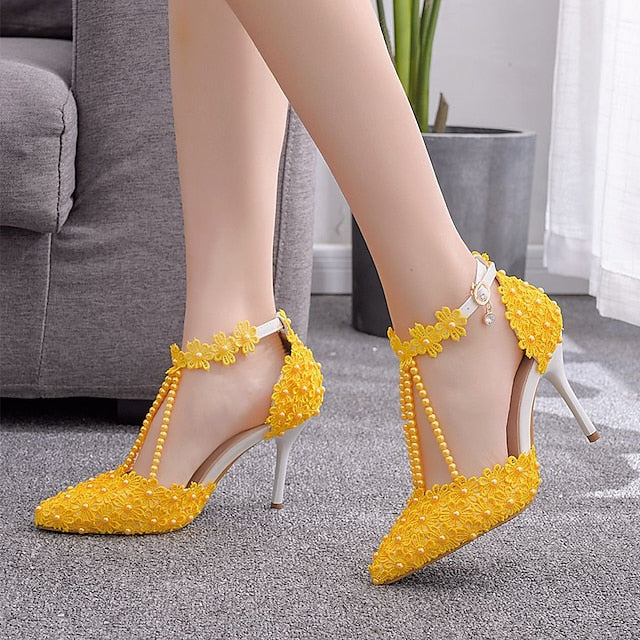 Lace Heel High Shoes Pointed Women's Bridal Wedding