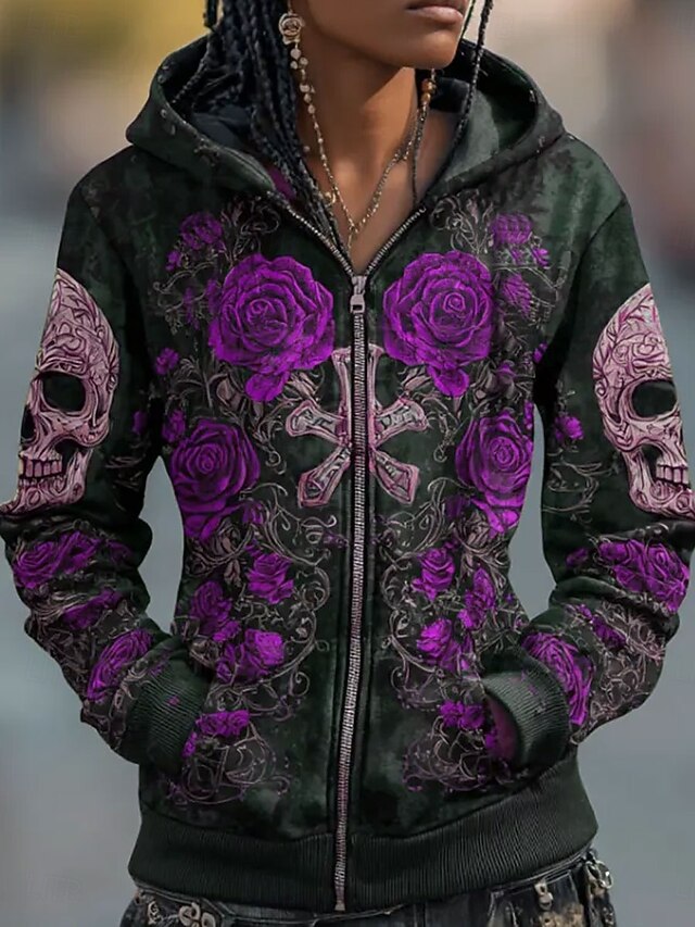 Women's Zip Up Hoodies Skulls Graphic Rose Fashion Casual