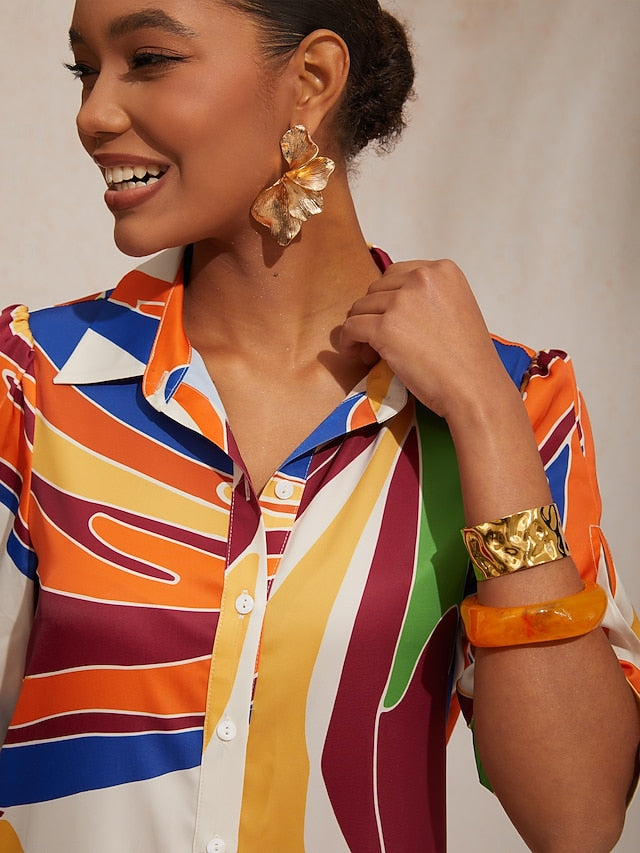 Vacation Geometric Color Block Pattern Straight Satin Shirt