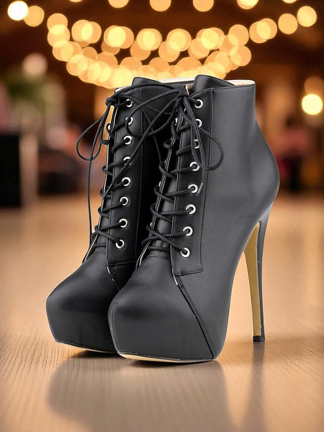 Beige Faux Lace-Up Women's Leather - Platform Boots Ankle