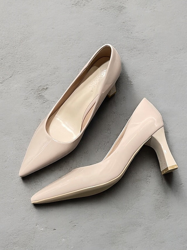 Faux Green Heel Leather Pointed-Toe Patent Block Glossy Pumps