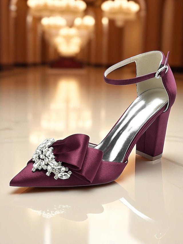 Satin Women's and Block Heel Pumps Crystal Bow with