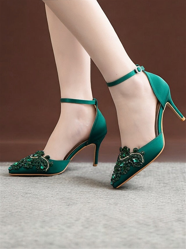 Women's Strap Emerald – Ankle Pointed Satin Green Heels