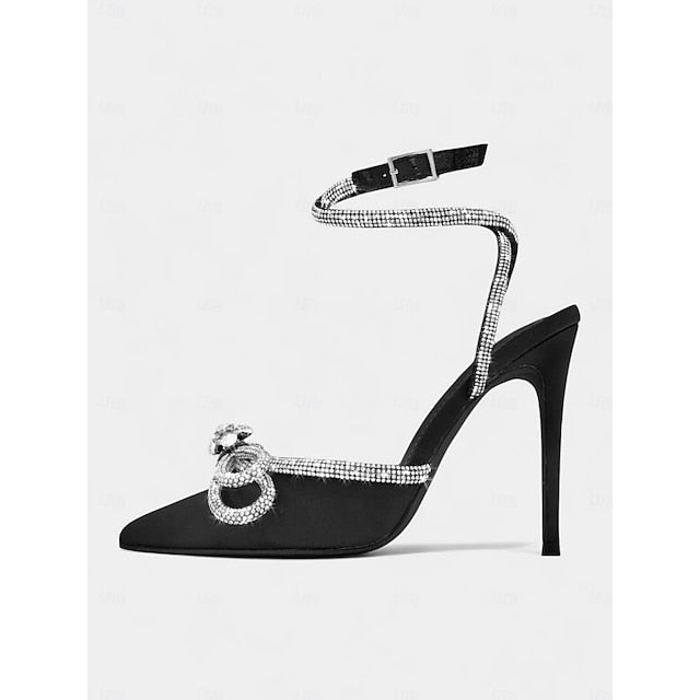 Bow Women's with Stiletto Black Satin Rhinestone Heels and