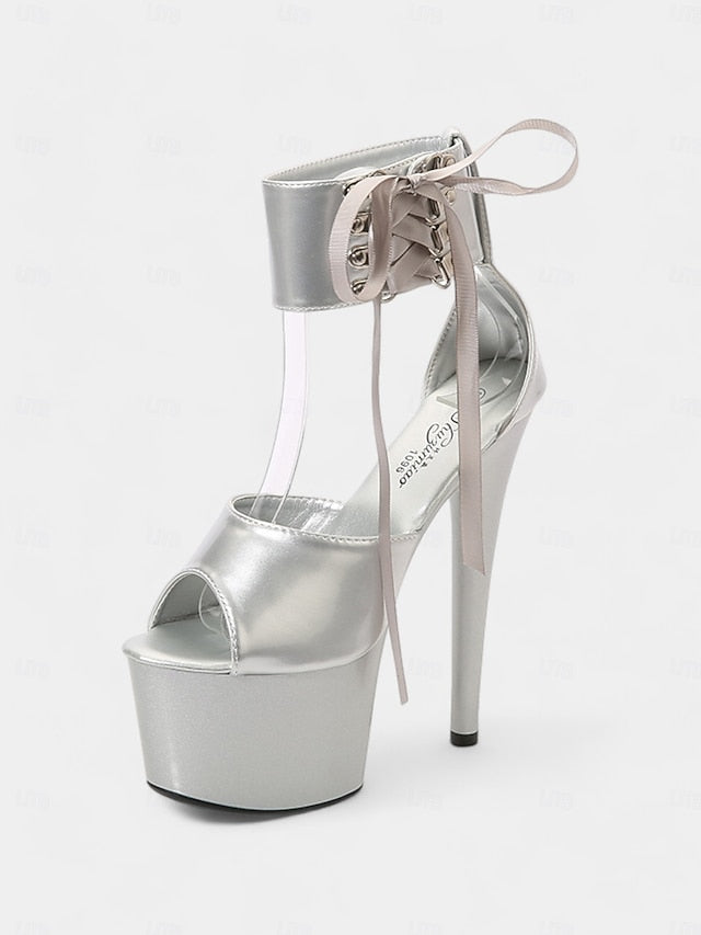 Lace-Up Ankle Black Sandals Patent with Platform Straps Leather