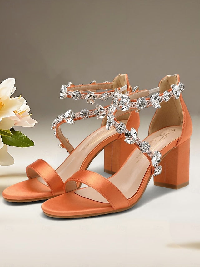 Crystal with Sandals Satin Heel Women's Pink Straps Block