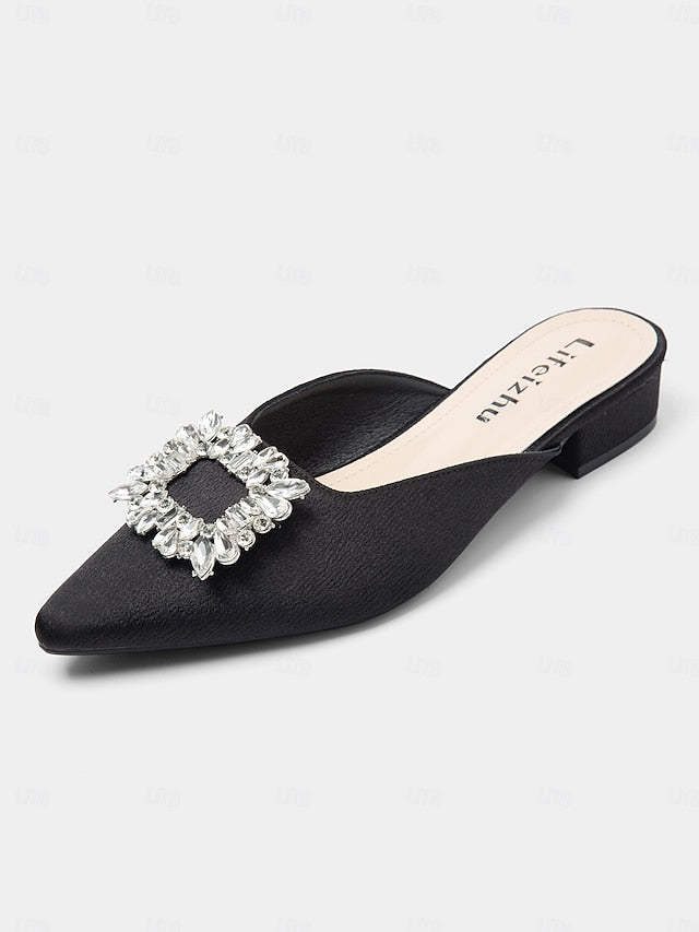 Women's Mules with Black Rhinestone Pointed-Toe Satin
