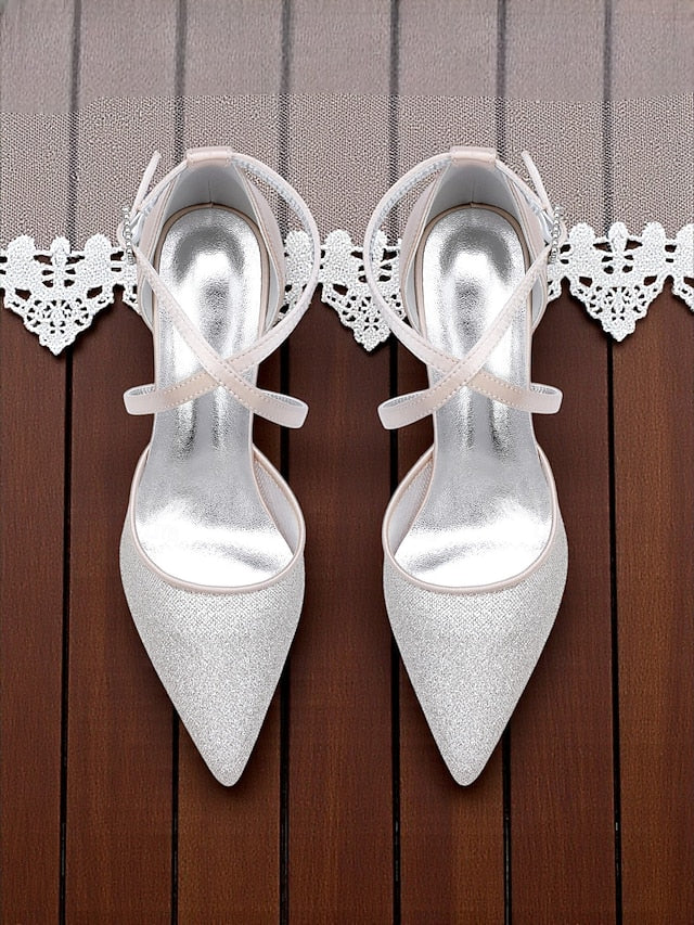 Elegant Strap - Silver Ankle Heels Glitter Stiletto Women's