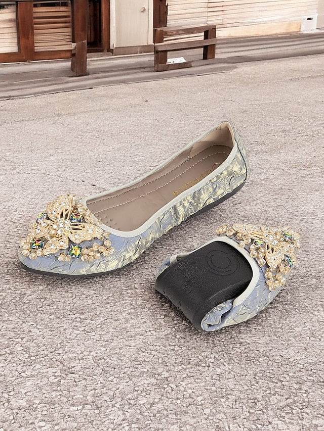 with Beaded Women's Embroidered Flats Foldable Ballet