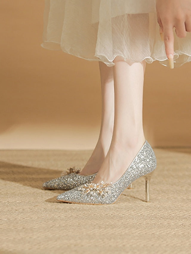 Heels Silver Glitter with Stiletto Floral Women's