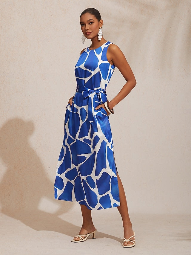 Vacation Geometric Color Block Print Straight Fit Satin Maxi