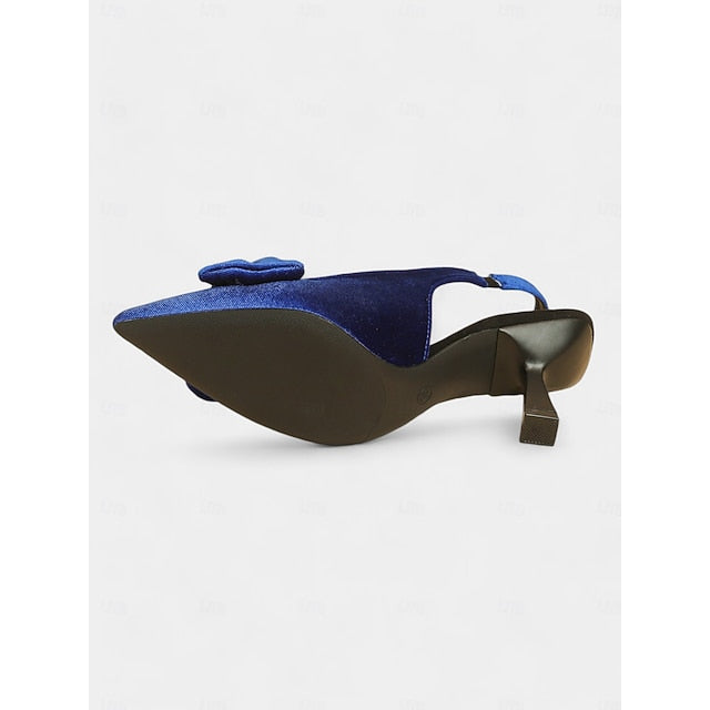 Toe with Pointed Velvet Slingback Heels Blue Women's Bow