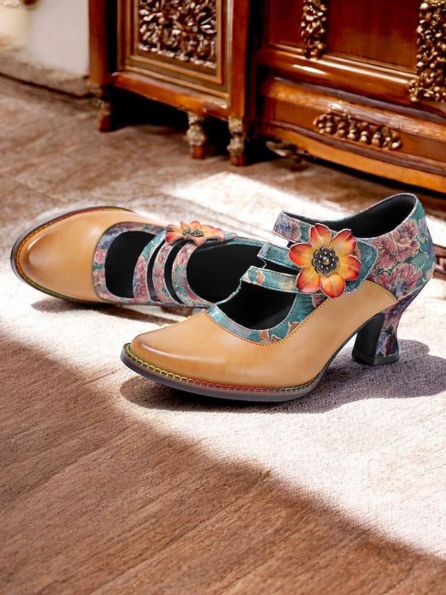 Mary Women's – Floral Vintage Leather 1930s Jane Heels