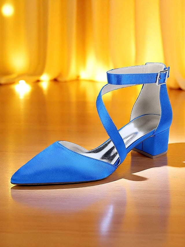 Satin Pointed Toe Champagne Heels Block Women's -