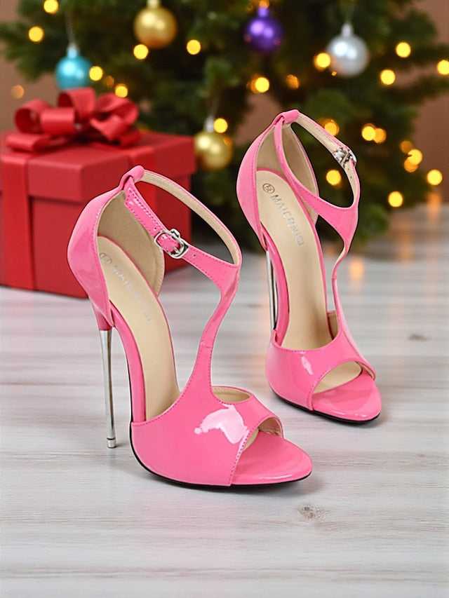 Heels Open Women's - Stiletto Red Patent Leather Strappy