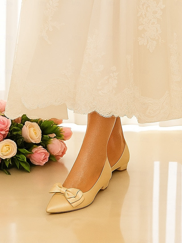 Green Bow Elegant Pointed Toe - Satin Flats Women's