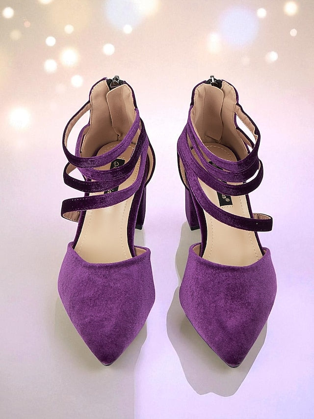 Velvet Block Pumps with Blue Heel Pointed Women's Toe